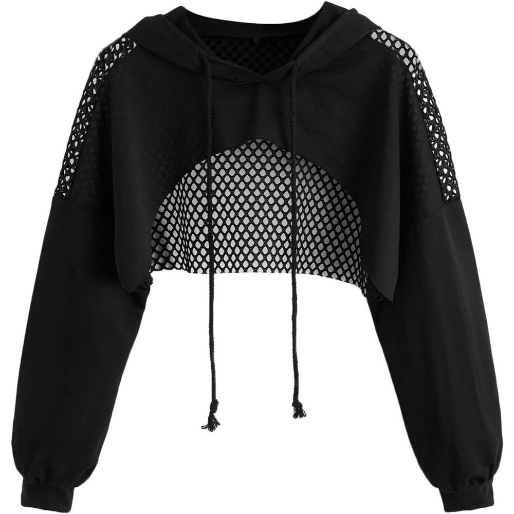 Women’s Solid Black Crop Top Long Sleeve Pullover Casual Sweatshirt